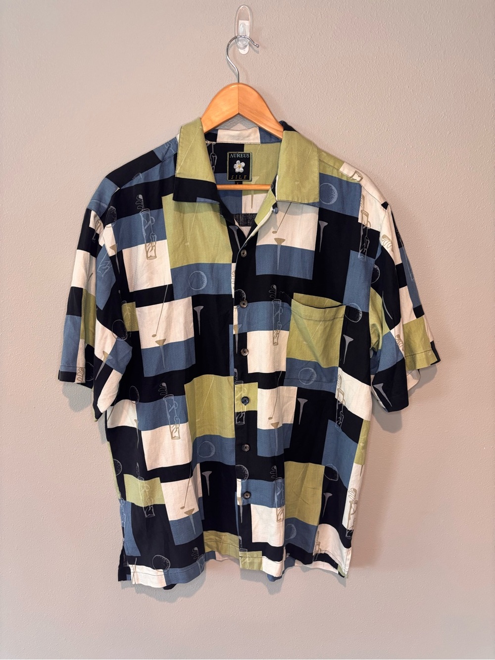 Aureus Silk Golf Short-Sleeve Button-Down Shirt in Olive, Navy & White
